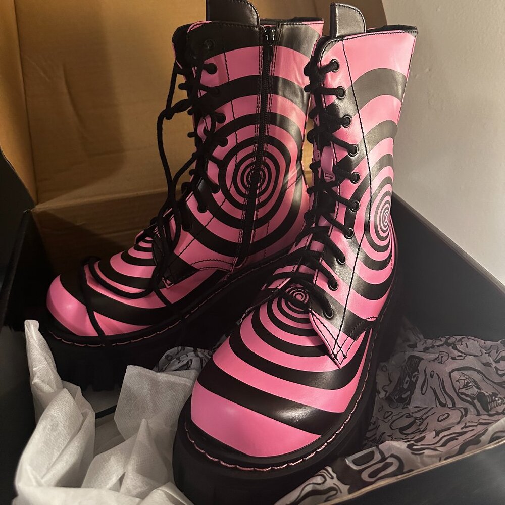 Dolls Kill How Sweet It Is Combat Boots - Black/Pink Swirl